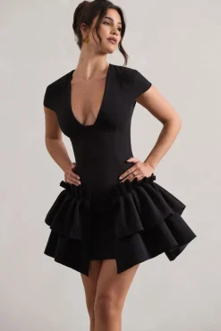 Genevieve | Black Plunge-Neck Mini Dress With Layered Hem