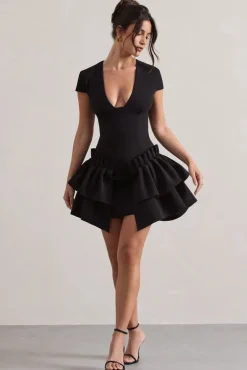 Genevieve | Black Plunge-Neck Mini Dress With Layered Hem