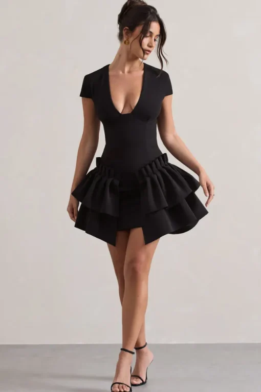 Genevieve | Black Plunge-Neck Mini Dress With Layered Hem