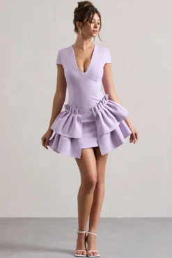 Genevieve | Lilac Plunge-Neck Mini Dress With Layered Hem