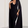 Georgiana | Black Plunge Ruched Maxi Dress with Cape Sleeves