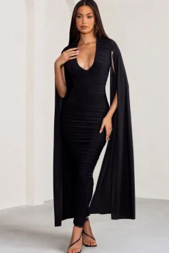 Georgiana | Black Plunge Ruched Maxi Dress with Cape Sleeves