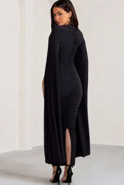 Georgiana | Black Plunge Ruched Maxi Dress with Cape Sleeves