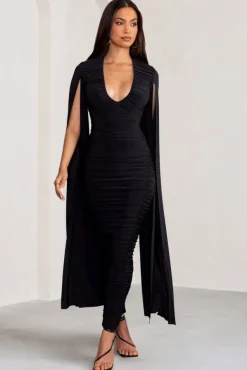 Georgiana | Black Plunge Ruched Maxi Dress with Cape Sleeves