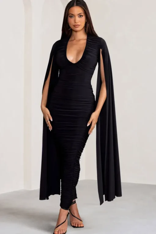 Georgiana | Black Plunge Ruched Maxi Dress with Cape Sleeves
