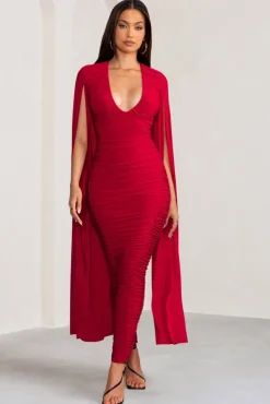 Georgiana | Red Plunge Ruched Maxi Dress with Cape Sleeves