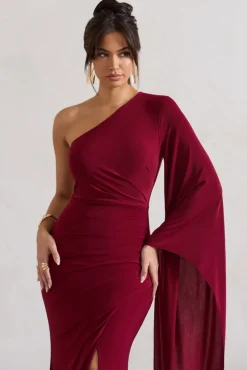 Giada | Berry Ruched One Shoulder Cape Sleeve Maxi Dress