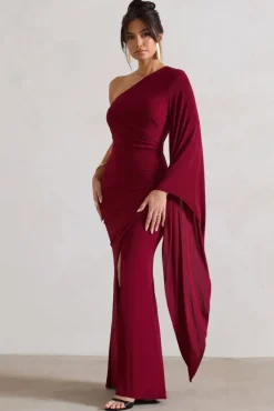 Giada | Berry Ruched One Shoulder Cape Sleeve Maxi Dress