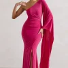 Giada | Dark Pink Ruched One Shoulder Cape Sleeve Maxi Dress