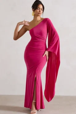 Giada | Dark Pink Ruched One Shoulder Cape Sleeve Maxi Dress