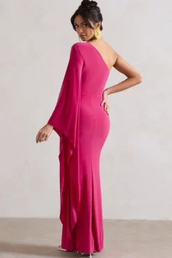 Giada | Dark Pink Ruched One Shoulder Cape Sleeve Maxi Dress