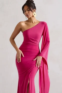 Giada | Dark Pink Ruched One Shoulder Cape Sleeve Maxi Dress