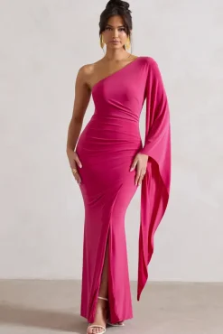 Giada | Dark Pink Ruched One Shoulder Cape Sleeve Maxi Dress