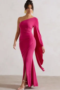 Giada | Dark Pink Ruched One Shoulder Cape Sleeve Maxi Dress