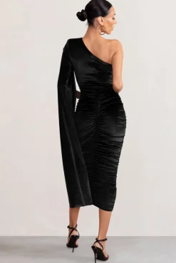 Gianna | Black Velvet One Shoulder Cape Bodycon Midi Dress