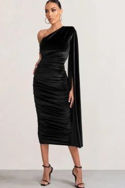 Gianna | Black Velvet One Shoulder Cape Bodycon Midi Dress