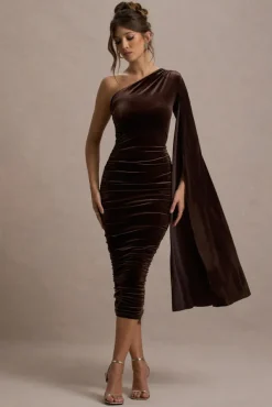 Gianna | Chocolate Velvet One Shoulder Cape Bodycon Midi Dress