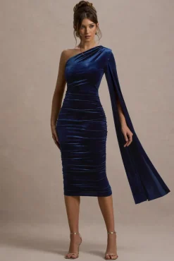 Gianna | Navy Velvet One Shoulder Cape Bodycon Midi Dress