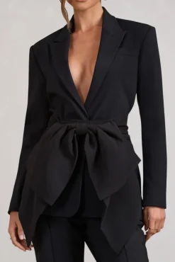 Gifted | Black Plunge Blazer With Statement Bow