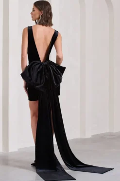 Gifting | Black Velvet Plunge Mini Dress With Oversized Bow