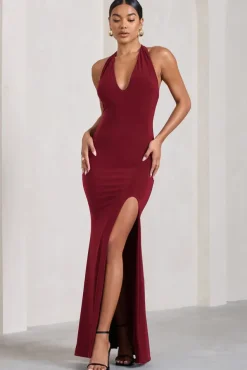 Glamour | Berry Backless V Plunge Halter Neck Maxi Dress With Side Split