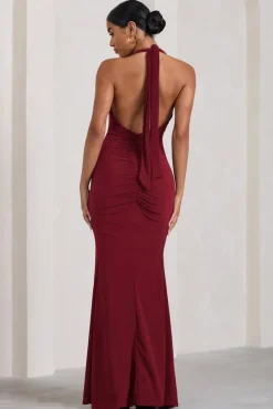 Glamour | Berry Backless V Plunge Halter Neck Maxi Dress With Side Split