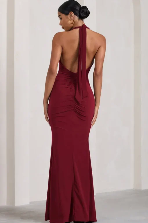 Glamour | Berry Backless V Plunge Halter Neck Maxi Dress With Side Split