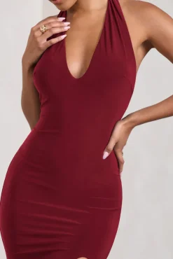 Glamour | Berry Backless V Plunge Halter Neck Maxi Dress With Side Split
