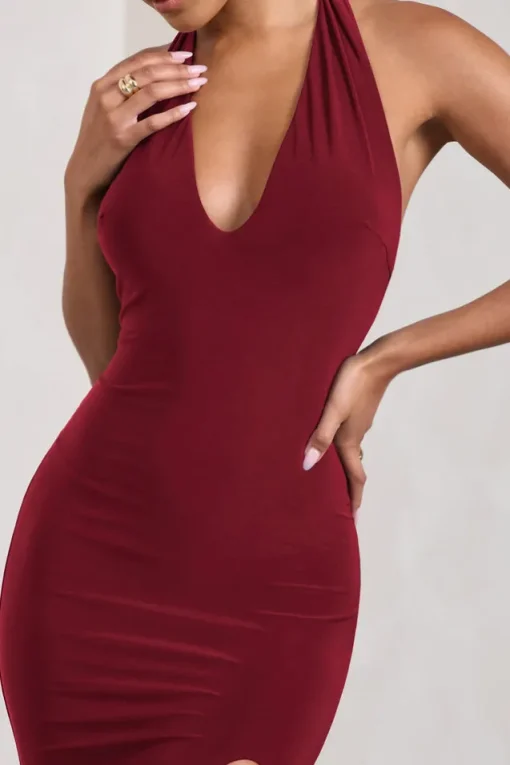 Glamour | Berry Backless V Plunge Halter Neck Maxi Dress With Side Split