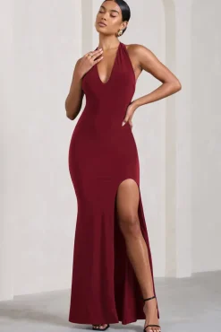 Glamour | Berry Backless V Plunge Halter Neck Maxi Dress With Side Split
