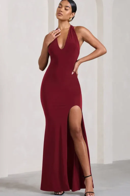Glamour | Berry Backless V Plunge Halter Neck Maxi Dress With Side Split
