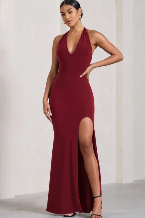 Glamour | Berry Backless V Plunge Halter Neck Maxi Dress With Side Split