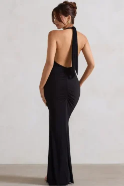 Glamour | Black Backless V Plunge Halter Neck Maxi Dress With Side Split