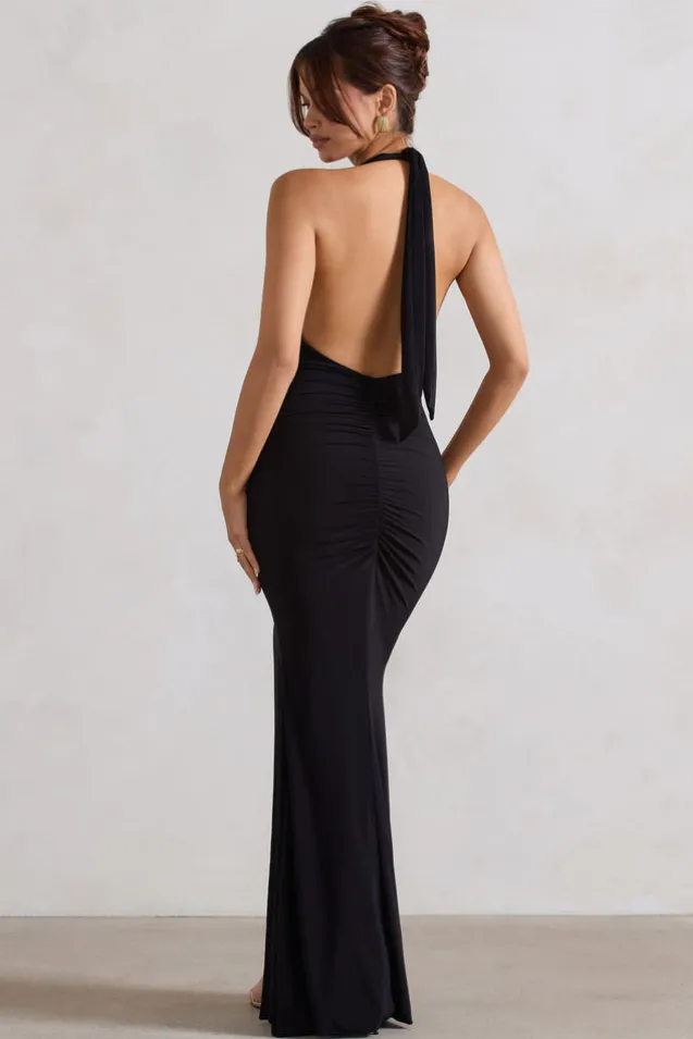 Glamour | Black Backless V Plunge Halter Neck Maxi Dress With Side Split