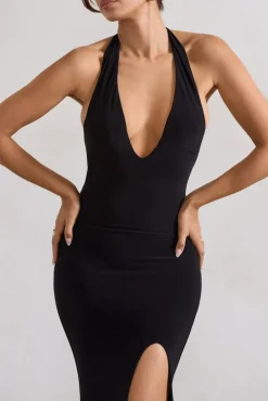 Glamour | Black Backless V Plunge Halter Neck Maxi Dress With Side Split