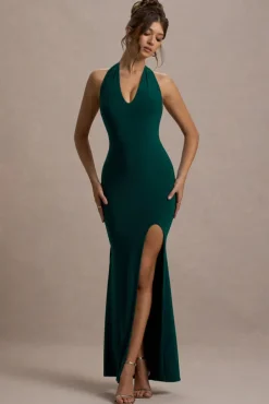 Glamour | Bottle Green Backless V Plunge Halter Neck Maxi Dress With Side Split