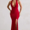 Glamour | Red Backless V Plunge Halter Neck Maxi Dress With Side Split