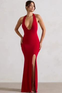 Glamour | Red Backless V Plunge Halter Neck Maxi Dress With Side Split