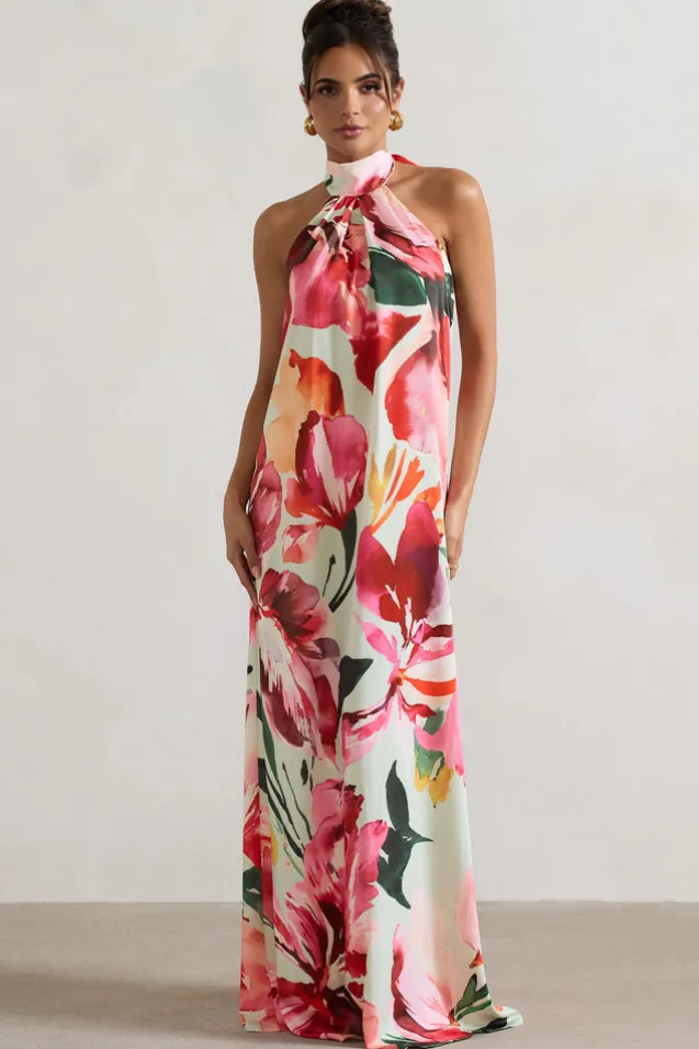 Gloriana | Mint Floral Print Satin High-Neck Maxi Dress