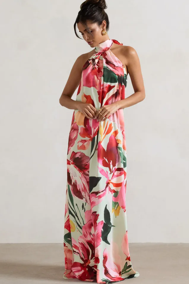 Gloriana | Mint Floral Print Satin High-Neck Maxi Dress