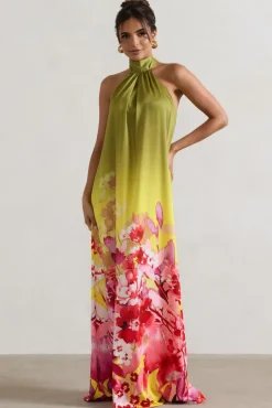 Gloriana | Pink and Green Floral Print Satin High-Neck Maxi Dress