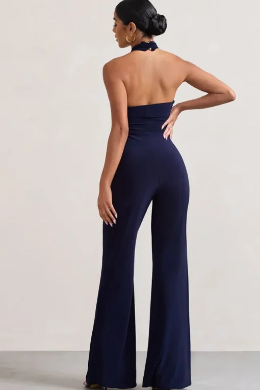 Goddess | Navy Halter Neck Flare Jumpsuit