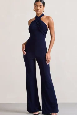 Goddess | Navy Halter Neck Flare Jumpsuit