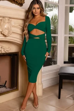 Going Places | Bottle Green Double Twist Front Long Sleeve Midi Dress