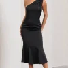 Golden Girl | Black Satin One Shoulder High-Neck Flared Midi Dress