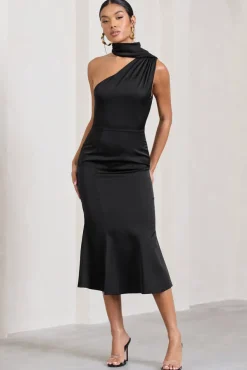 Golden Girl | Black Satin One Shoulder High-Neck Flared Midi Dress