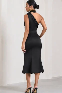 Golden Girl | Black Satin One Shoulder High-Neck Flared Midi Dress