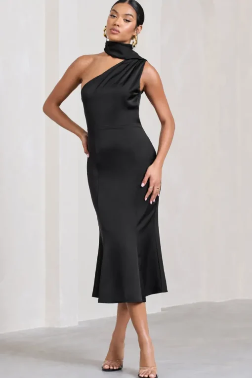 Golden Girl | Black Satin One Shoulder High-Neck Flared Midi Dress