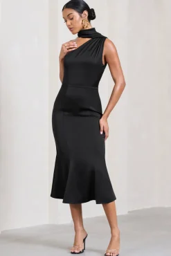 Golden Girl | Black Satin One Shoulder High-Neck Flared Midi Dress