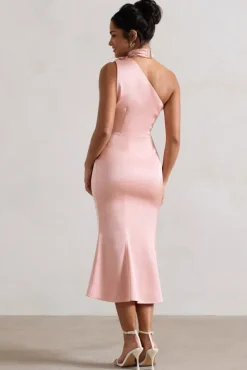 Golden Girl | Blush Pink Satin One Shoulder High-Neck Flared Midi Dress